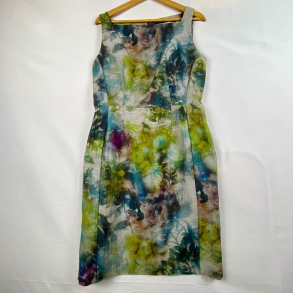 Josie Natori Women's Sleeveless Midi dress Sz 8 Sheath Watercolor Square neck - Picture 1 of 15